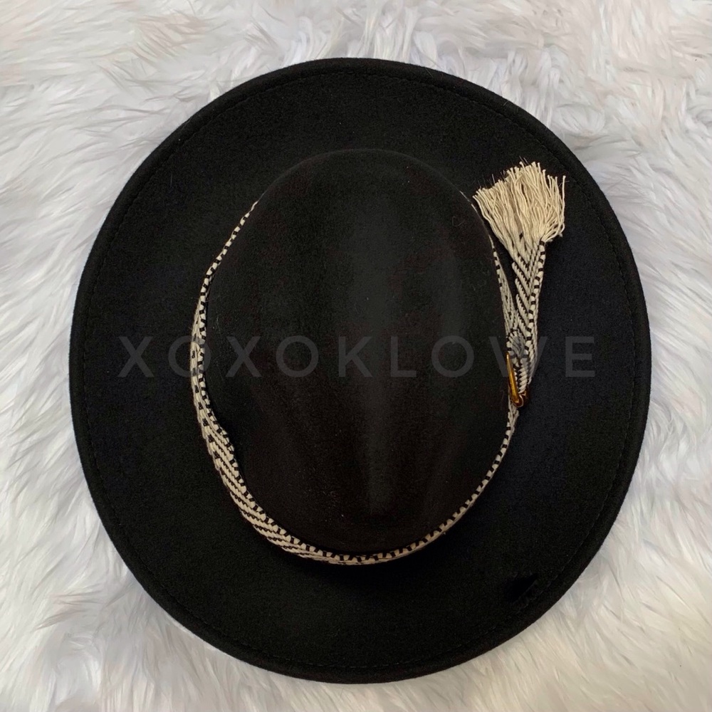 1 LEFT Black Wool Chevron Buckle Strap Wide Brim Hat - Picture 2 of 14